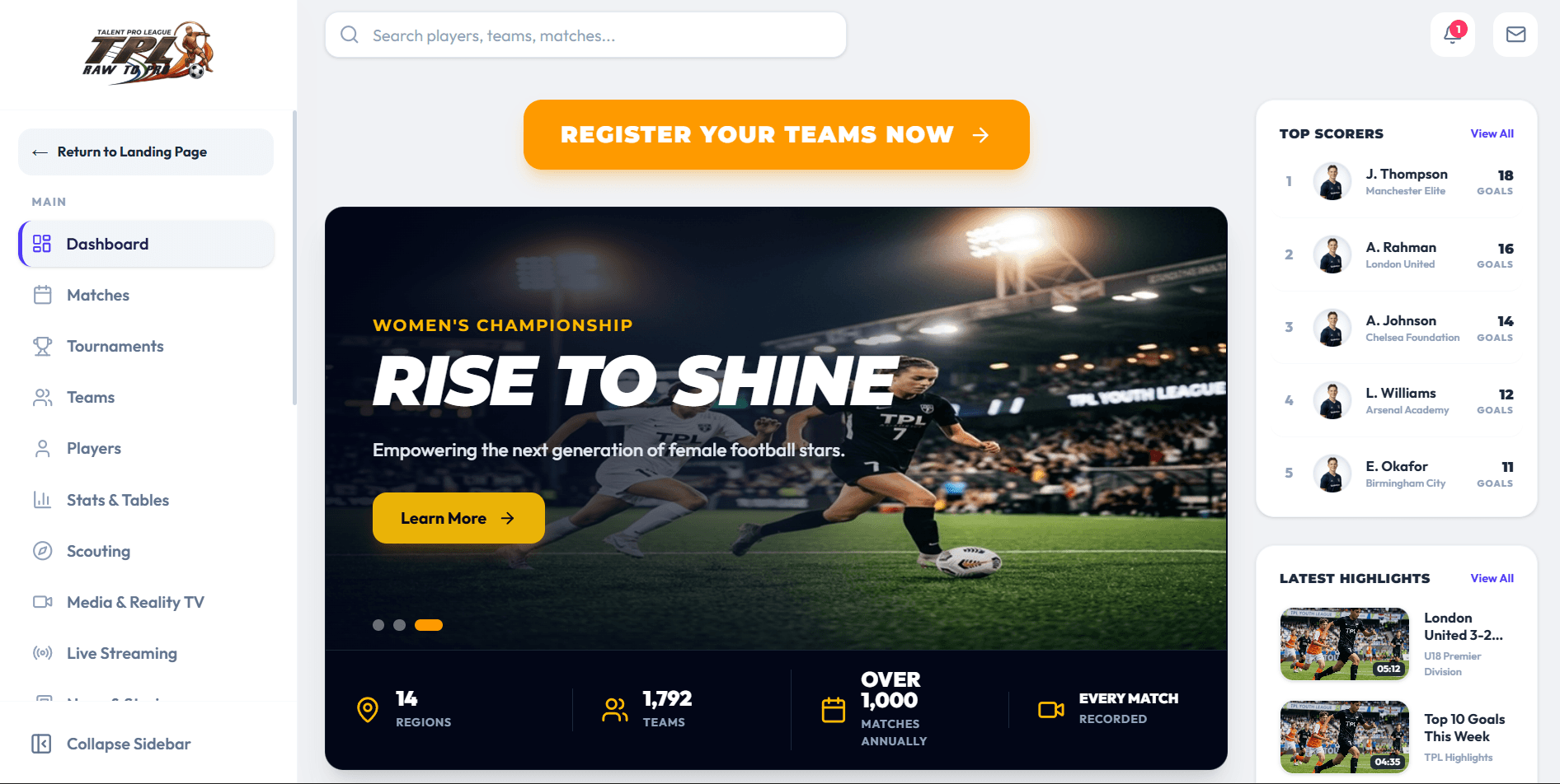 Talent Pro League dashboard